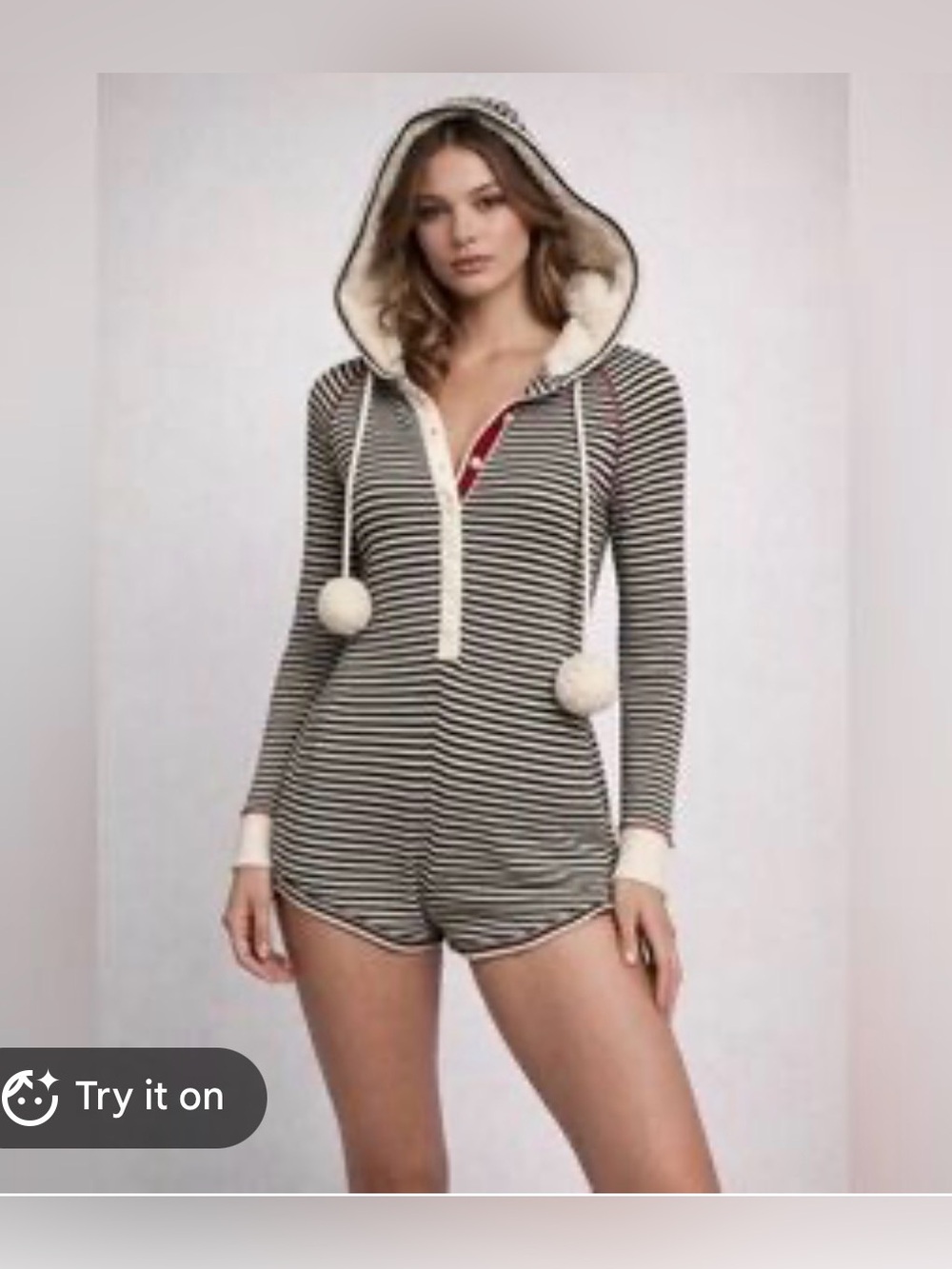 Abercrombie & Fitch Striped Sleep Romper Large Hooded Pom Poms Y2K Cozy Cute